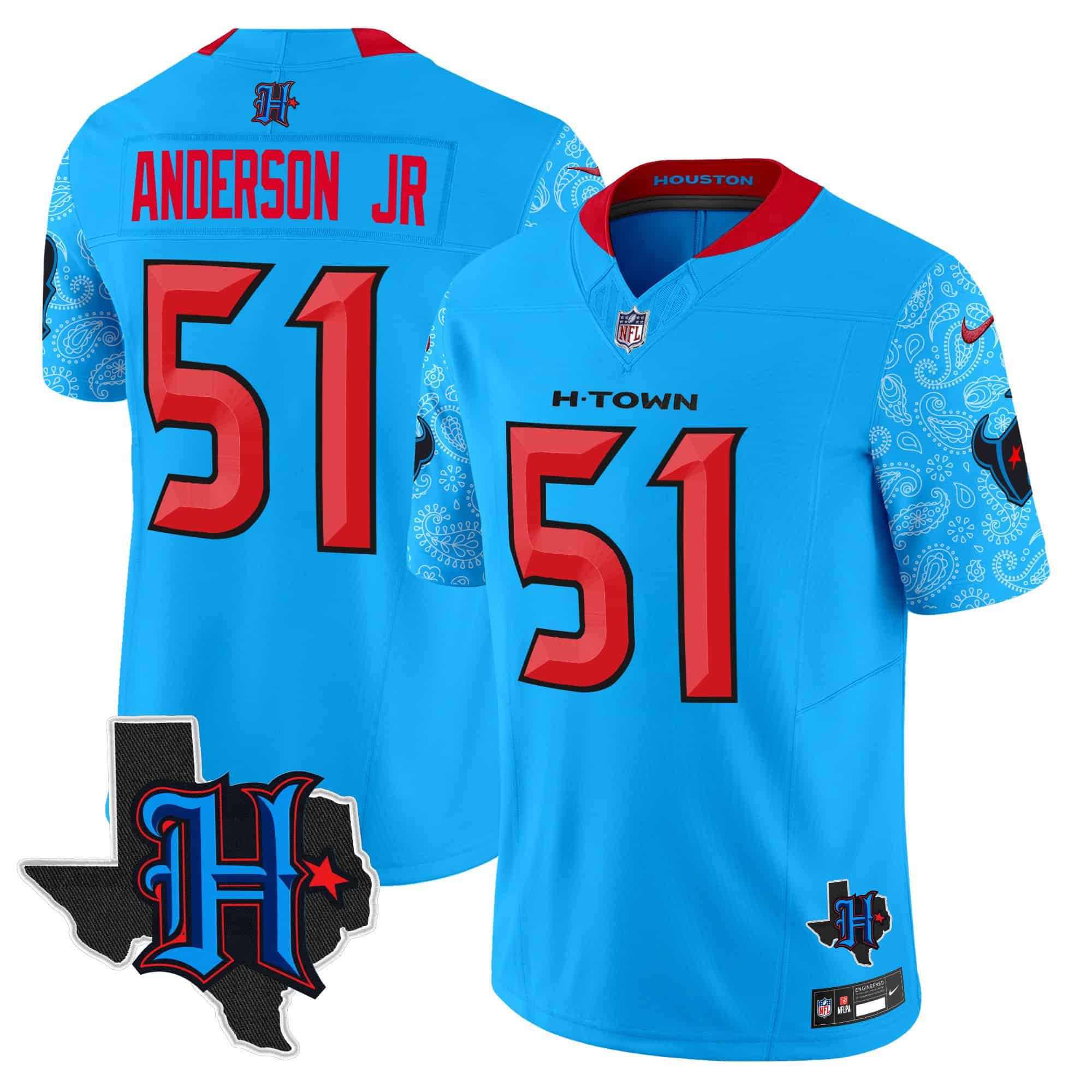 Men Houston Texans #51 Anderson jr Light Blue 2024 Nike Texas Patch Vapor Limited NFL Jersey